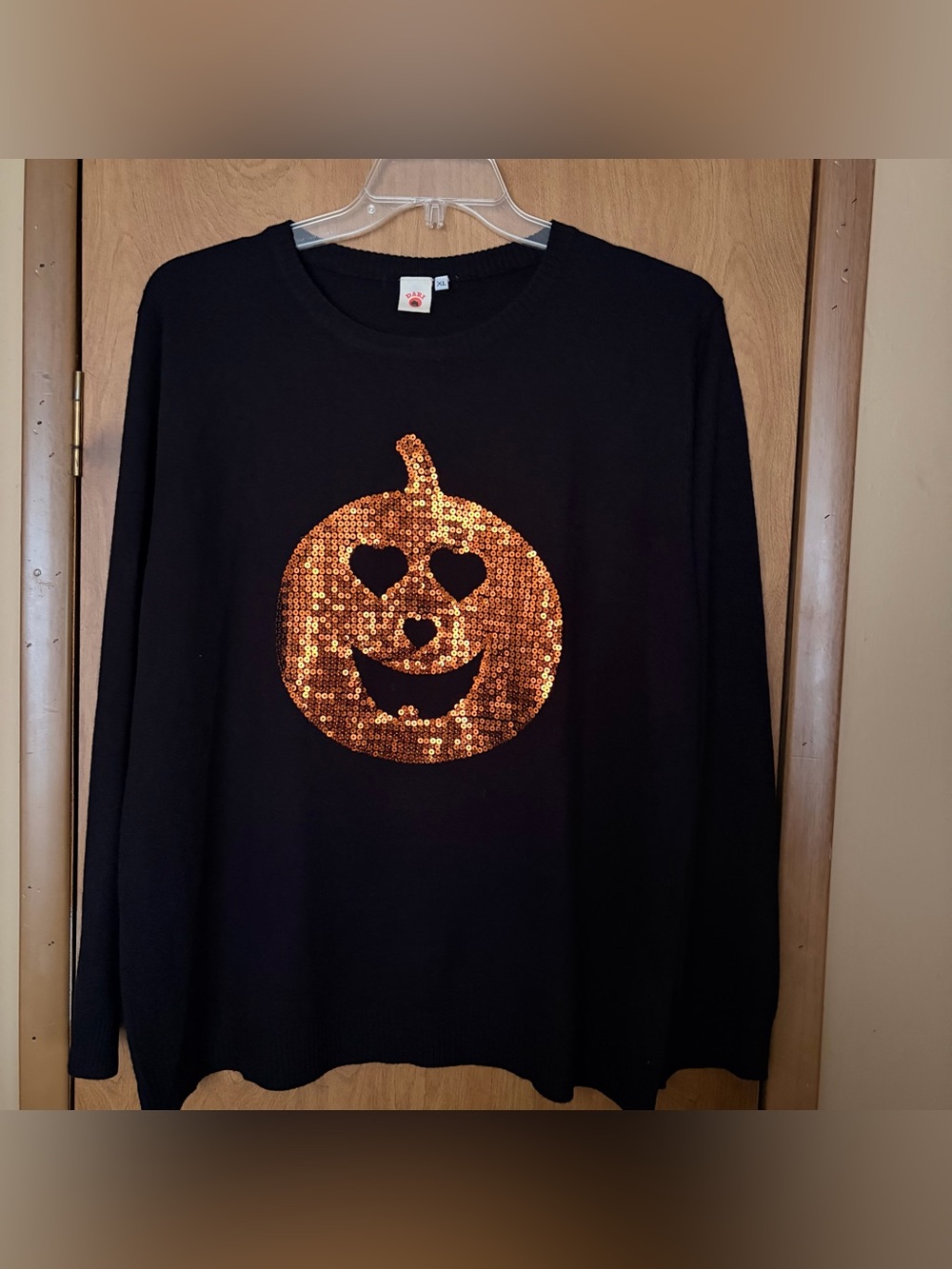 DARI Halloween Pumpkin Sequin Sweater Black Knit Jack O Lantern Women's XL EUC